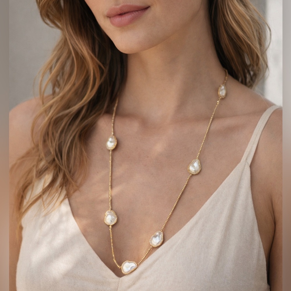 Lucas Lameth freshwater pearl and sterling silver long statement necklace gold